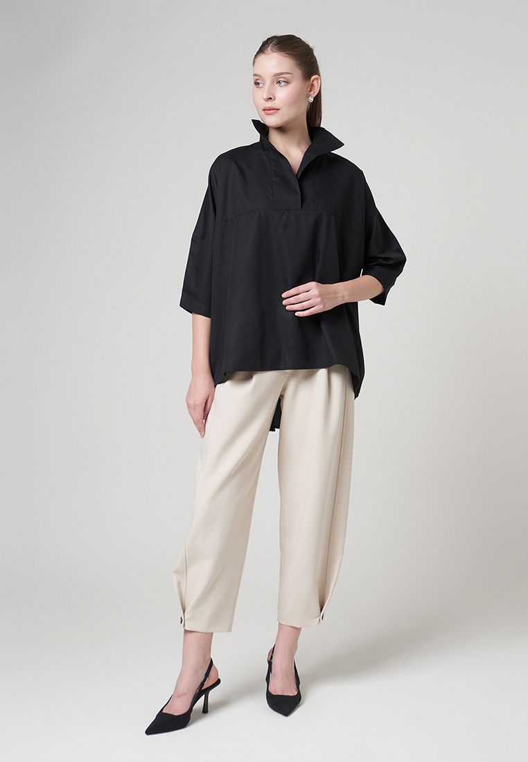 V-Neck Cuff Blouse — Black